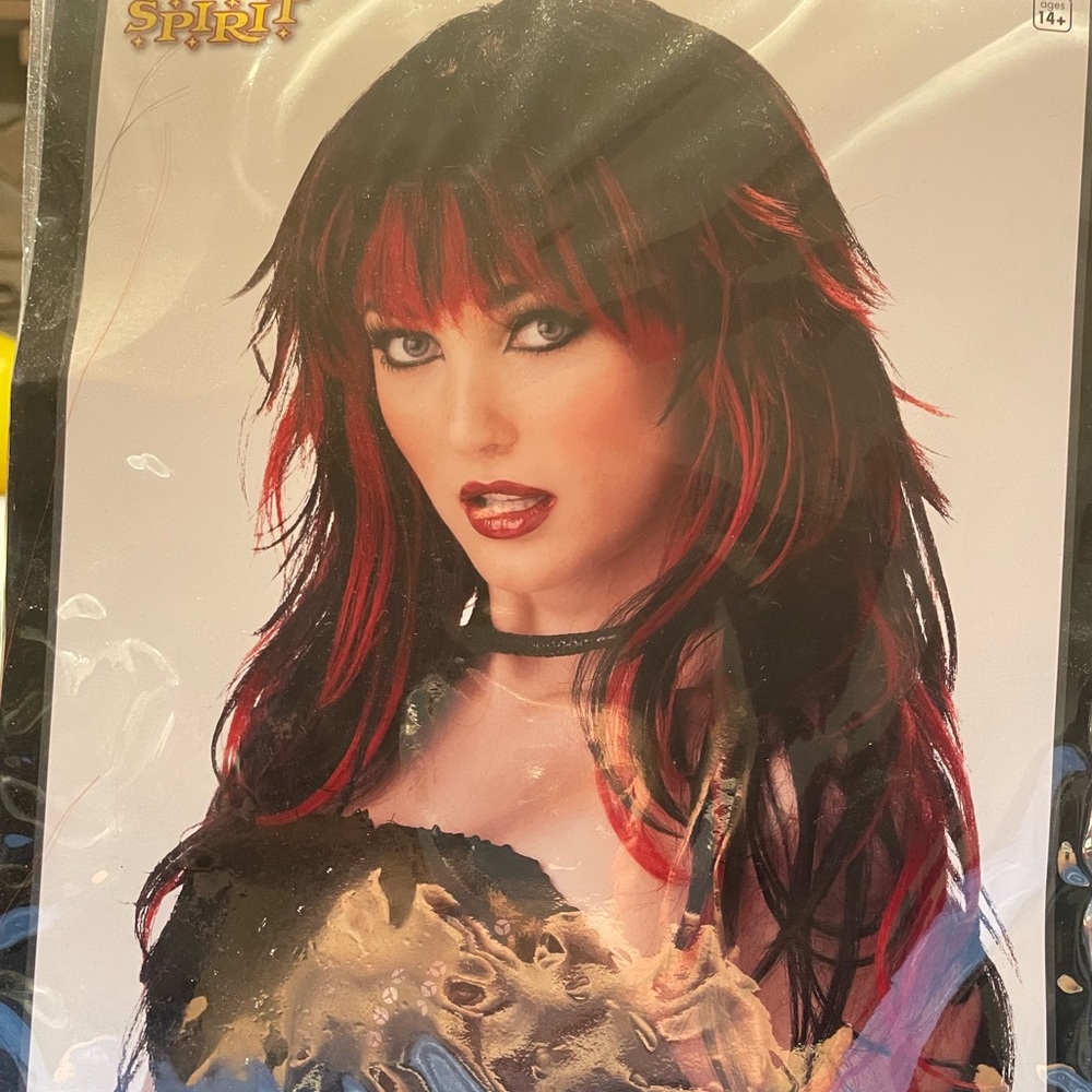 This is a never worn spirit Halloween red & black wig. Brand new still in pkg.